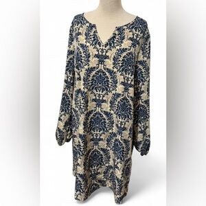 SHEIN LUNE Notched Neckline Lantern Sleeve Blue & Cream Patterned Dress Size XL